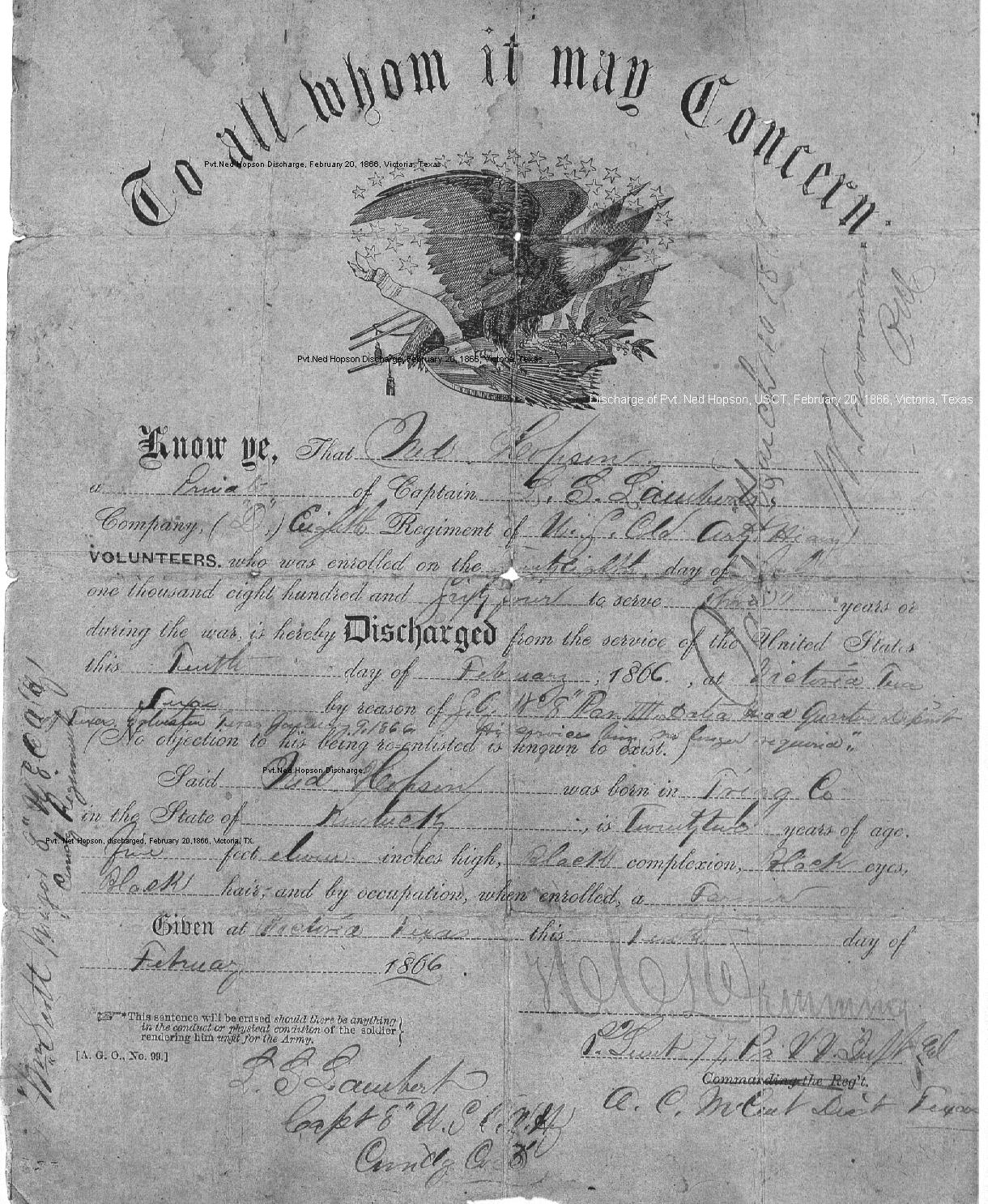 Pvt. Ned Hopson, USCT discharge